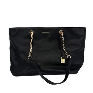 Michael Kors Mercer Large Black Pebbled Leather Tote Bag 30H6GM9T9L Gold Chain